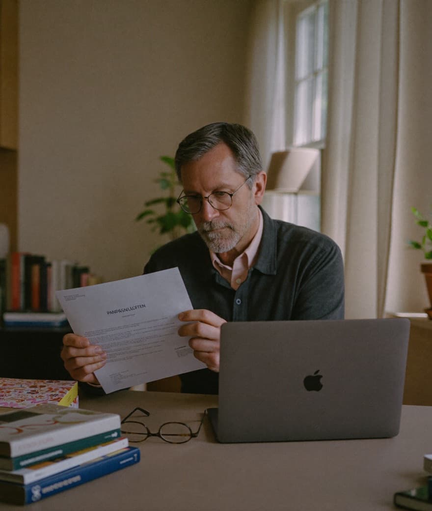 A man reading a pension letter at his desk next to his laptop